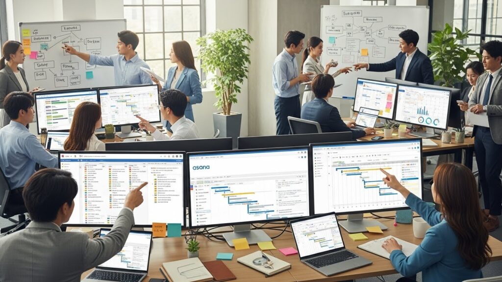 한국인들이 다양한 프로젝트 관리 도구(예: Notion, Asana 로고가 보이는 화면)를 활용하여 팀원들과 함께 복잡한 프로젝트 일정을 효율적으로 계획하고 협업하는 활기찬 사무실 풍경. 여러 모니터에 작업 목록, 간트 차트, 달력이 명확하게 표시되어 있다.