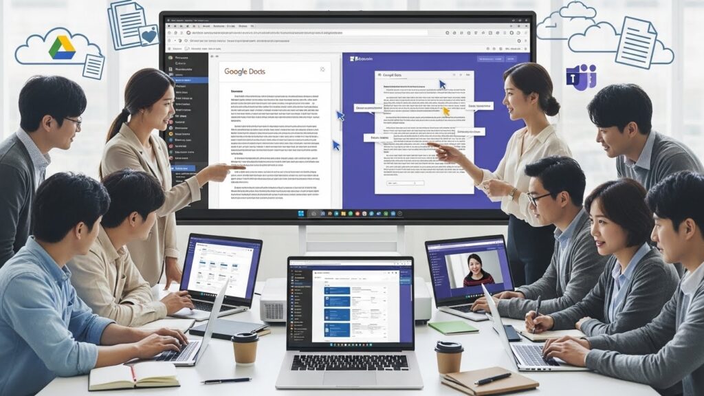 한국인 전문가들이 Google Workspace (Google Docs, Drive) 및 Microsoft 365 (SharePoint, Teams)를 활용하여 실시간으로 문서를 공동 편집하고, 기업의 지식 자산을 체계적으로 관리하는 모습을 보여주는 협업 공간. 클라우드 아이콘과 문서 아이콘들이 배경에 흐릿하게 보인다.