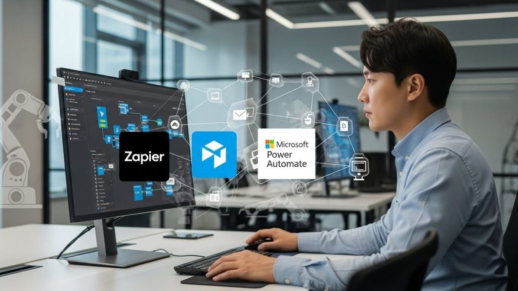 한국인 직장인이 사무실에서 컴퓨터 앞에 앉아 Zapier, Microsoft Power Automate, RPA 소프트웨어 로고가 보이는 화면을 보며 자동화 프로세스를 설정하고 있는 모습. 배경에는 로봇 팔이나 연결된 애플리케이션 아이콘들이 추상적으로 표현되어 있다.