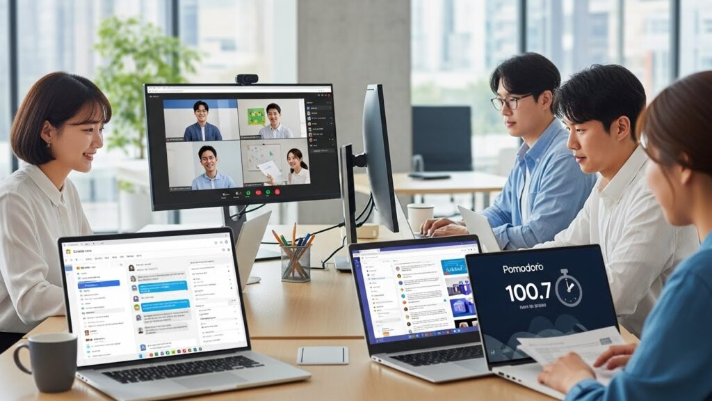 한국인 팀원들이 Slack, Microsoft Teams, Zoom과 같은 커뮤니케이션 도구를 사용하여 원활하게 소통하는 모습. 배경에는 채팅 버블, 화상 통화 아이콘, 그리고 Pomodoro 타이머 앱을 사용하며 집중하는 개인의 모습이 대비되어 나타난다.