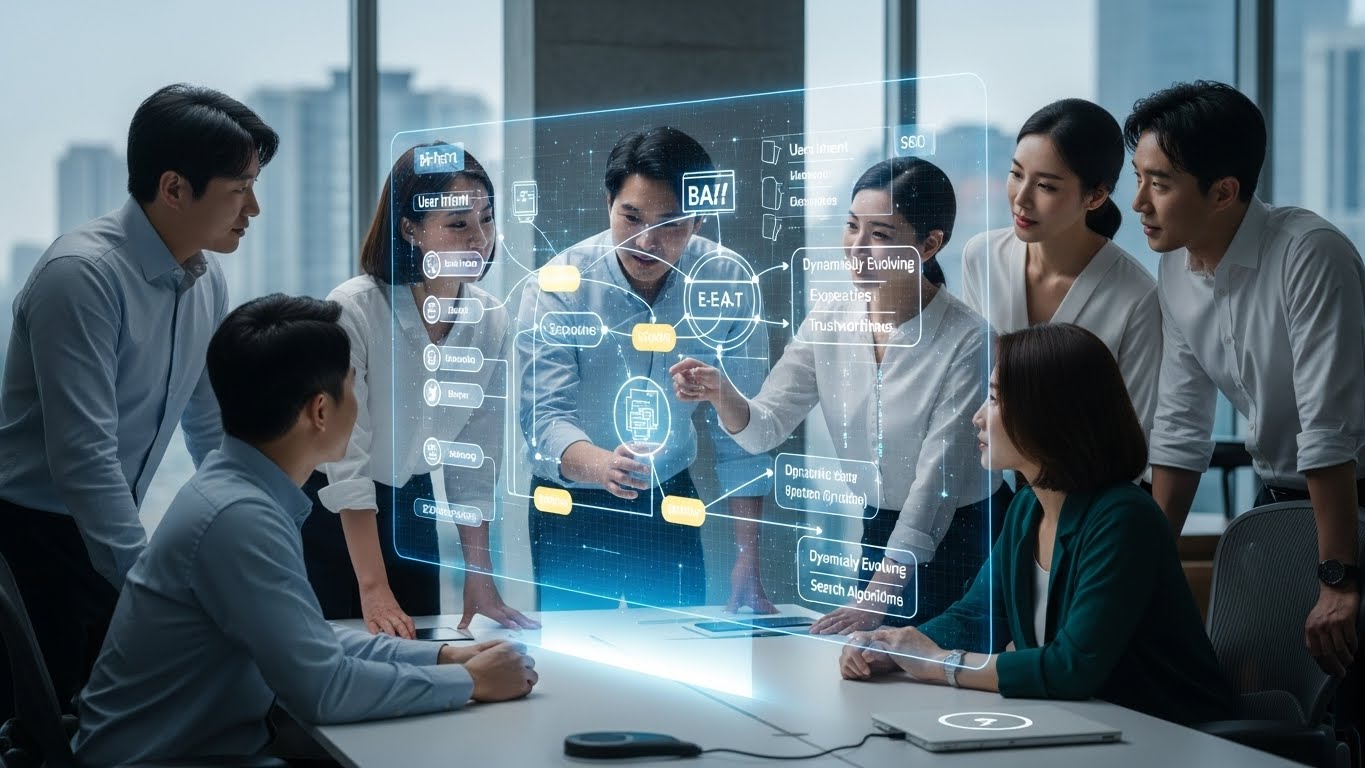 다양한 배경을 가진 한국 디지털 마케터와 전략가들이 협업하여 사용자 의도, E-E-A-T, 그리고 진화하는 알고리즘 등 상호 연결된 SEO 요소들을 담은 복잡한 다이어그램을 현대적인 사무실의 대형 홀로그램 스크린에서 살펴보고 있습니다. 협업적이고 혁신적인 분위기입니다.