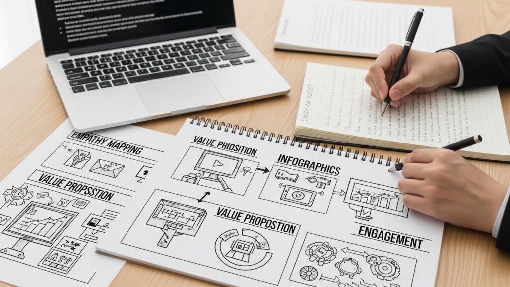 한국인 콘텐츠 크리에이터가 사용자 니즈, 문제점, 그리고 질문을 담은 포스트잇과 마인드맵으로 사용자에게 진정으로 공감을 불러일으키는 콘텐츠를 세심하게 디자인합니다. 그녀의 책상에는 블로그 게시물, 비디오 대본, 인포그래픽 스케치 등 다양한 콘텐츠가 놓여 있어 공감과 가치 창출을 강조합니다.