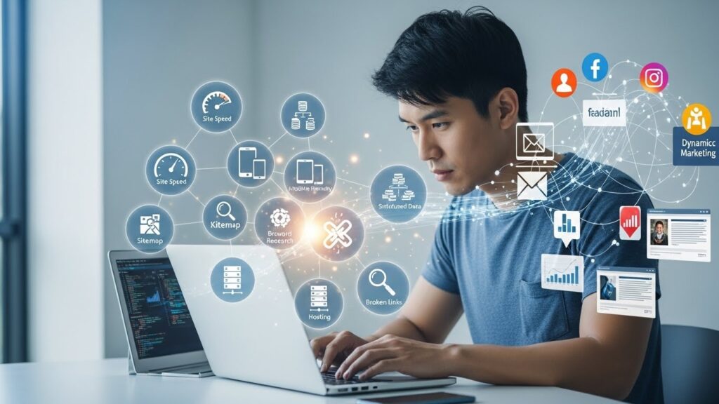 노트북에서 웹사이트 성능을 최적화하는 한국인 웹 개발자. 사이트 속도, 모바일 친화성, 구조화된 데이터 등 기술적인 SEO 요소를 나타내는 아이콘들로 둘러싸여 있습니다. 배경에는 다양한 디지털 채널(소셜 미디어, 이메일, 뉴스 피드)이 그려져 있어 원활한 콘텐츠 배포 네트워크를 보여줍니다.