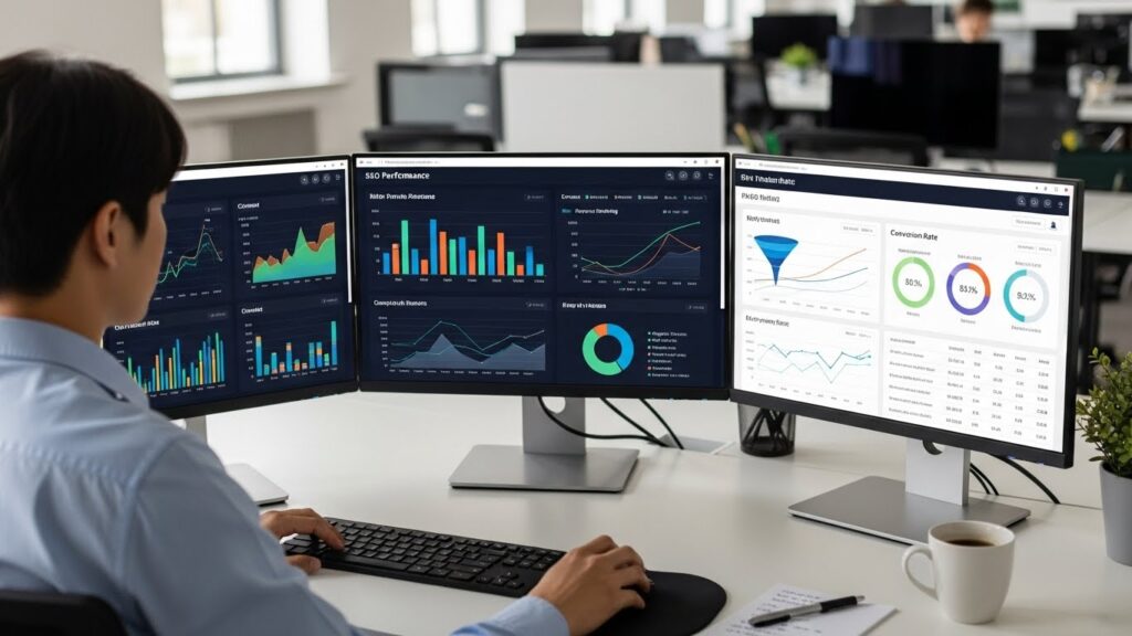 한국인 데이터 분석가가 트래픽, 순위, 참여도, 전환율 등 주요 SEO 및 콘텐츠 지표를 표시하는 여러 화면의 대시보드를 꼼꼼하게 검토하고 있습니다. 그래프와 차트는 시간 경과에 따른 추세를 보여주며, 데이터 인사이트를 기반으로 한 지속적인 개선 및 전략적 조정 과정을 보여줍니다.