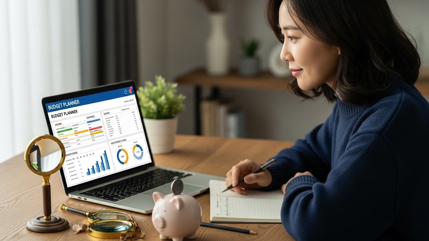 한 한국인 여성이 노트북 앞에서 차분하게 예산 계획표를 들여다보며 재정 목표를 설정하는 모습. 주변에는 돋보기, 연필, 그리고 미래를 상징하는 작은 저금통이 놓여 있다.