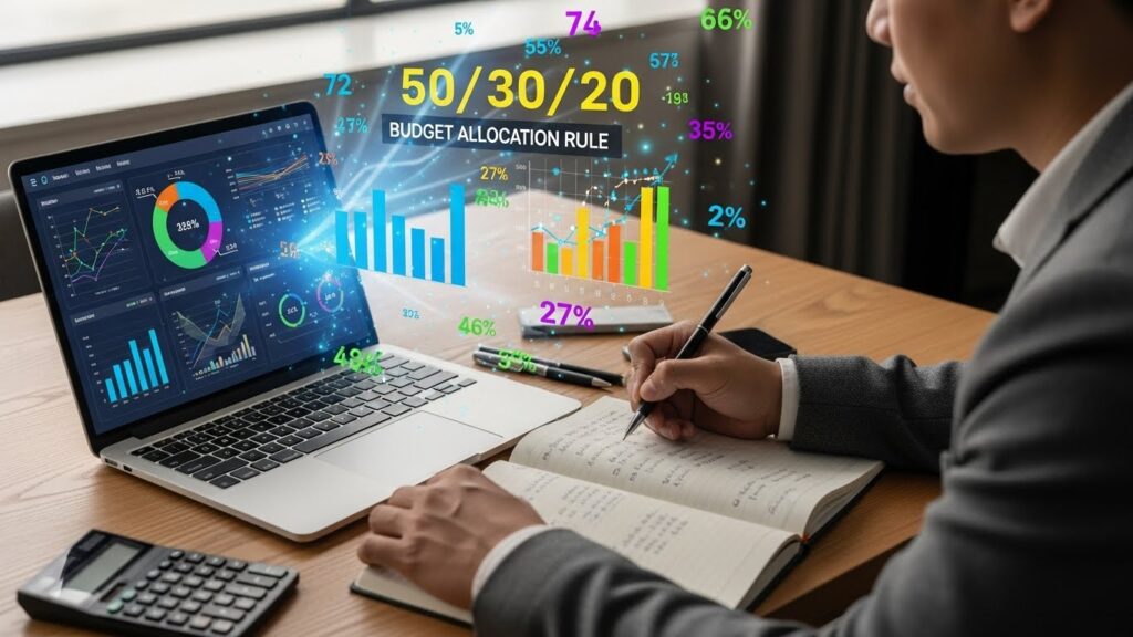 한 한국인 남성이 테이블에 앉아 노트북과 종이, 펜을 활용하여 자신의 소득과 지출을 분석하며 50/30/20 규칙에 따라 예산을 배분하는 모습. 다양한 색상의 그래프와 숫자들이 시각적으로 표현되어 있다.