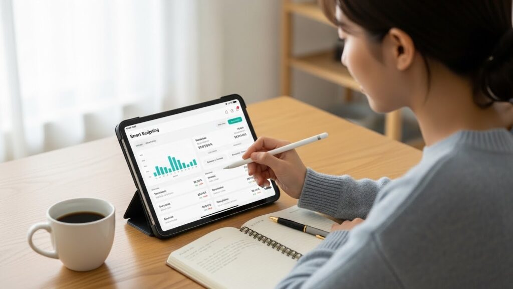 한 한국인 젊은 여성이 태블릿으로 스마트 가계부 앱을 실행하여 깔끔하게 정리된 지출 내역을 확인하고 있는 모습. 주변에는 커피 한 잔과 작은 다이어리가 놓여 있고, 현대적이고 밝은 분위기이다.