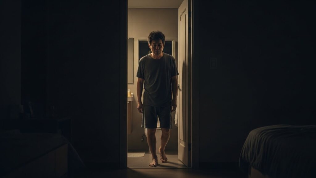 50대 한국인 남성이 밤에 잠자다 깨어나 화장실로 향하는 모습, 침침한 방 안에서 피곤한 표정으로 걷고 있다.
