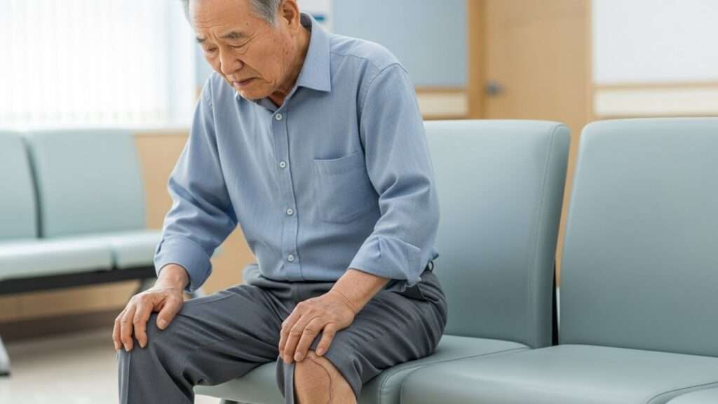 나이 든 한국인 남성이 다리 부위에 불편함을 느끼며 앉아 있는 모습. 다리의 혈관이 약간 도드라져 보이며, 주변 배경은 병원 대기실과 유사한 차분한 분위기이다. 그의 표정에는 미세한 고통이 엿보인다.