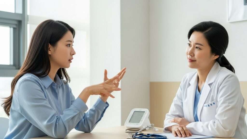 젊은 한국인 여성이 의료 전문가와 상담하며 손의 저림 증상을 설명하고 있다. 의사는 진지한 표정으로 경청하며, 테이블 위에는 혈압계와 청진기 등 기본적인 의료 도구가 놓여 있다. 밝고 신뢰감 있는 병원 분위기.