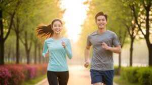 건강한 한국인 남녀가 밝은 표정으로 야외에서 가볍게 조깅하는 모습. 활기찬 움직임과 자연광이 어우러져 건강하고 긍정적인 분위기를 연출한다.