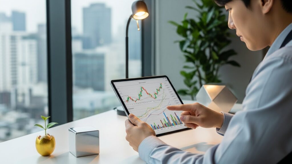 깨끗하고 현대적인 사무실 환경에서 성장과 안정의 상징으로 둘러싸인 태블릿으로 재무 차트를 신중하게 분석하는 한국인.