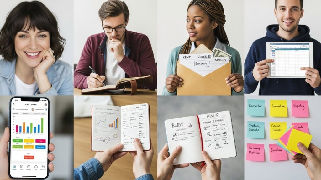 다양한 예산 관리 도구(예: 스마트폰의 최신 디지털 원장 앱, 고전적인 물리적 원장, 항목이 적힌 봉투)를 들고 있는 젊은 한국 성인들의 다양한 그룹이 밝고 협력적인 분위기 속에서 다양한 개인화된 예산 관리 접근 방식을 보여줍니다.