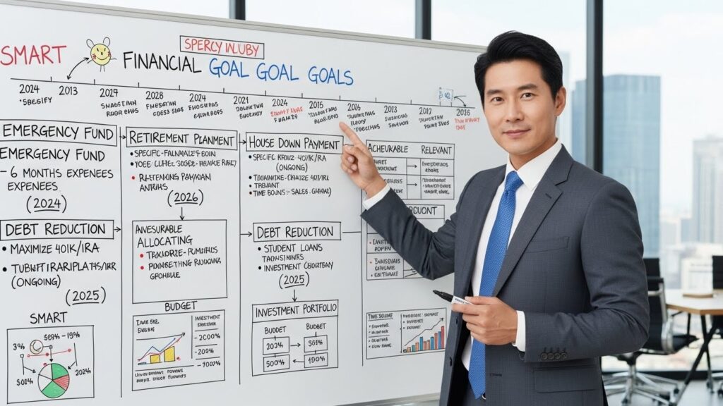 SMART 재정 목표(예: 비상 자금, 주택 계약금, 은퇴 계획)가 적힌 화이트보드 앞에 서서 타임라인을 가리키며 역동적이고 전문적인 분위기 속에서 전략적 계획과 미래 비전을 전달하는 한국인 전문가.