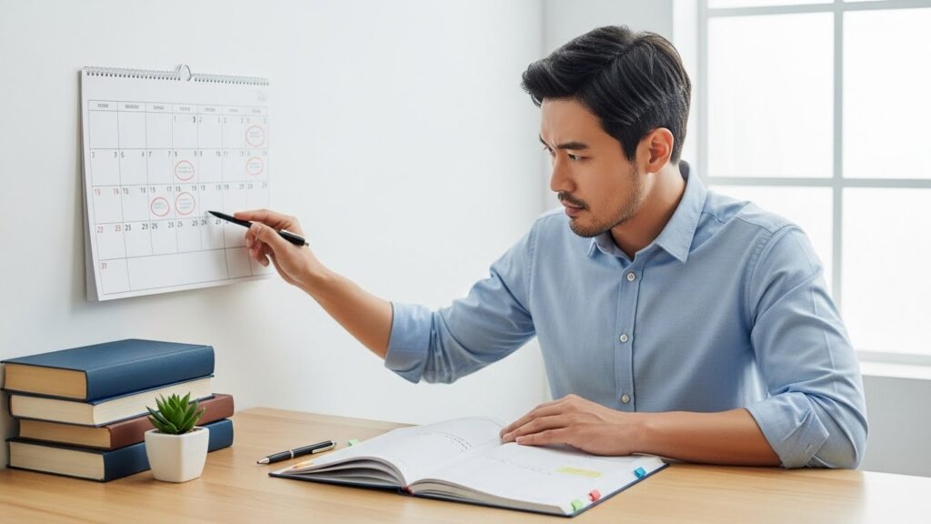 30대 한국인 남성이 깨끗한 책상에 앉아 벽걸이 달력과 종이 플래너를 단호한 표정으로 바라보고 있습니다. 그 주변에는 깔끔하게 정리된 책들이 놓여 있습니다. 밝고 정돈된 분위기는 목표 설정과 시간 관리를 상징합니다.