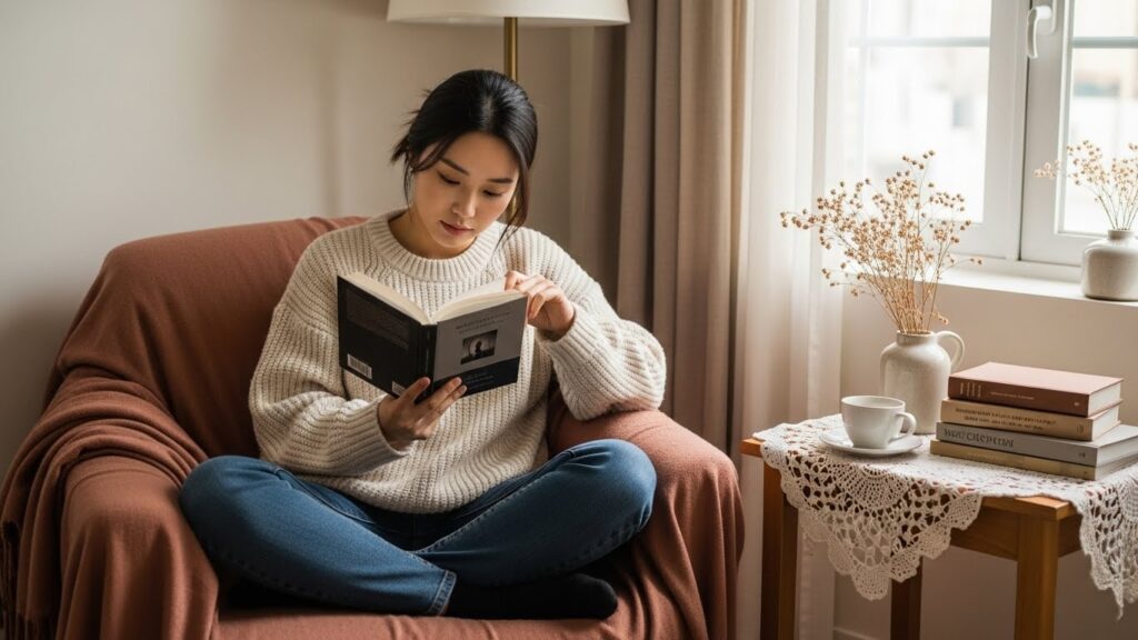 아늑하고 아름다운 독서 공간. 20대 후반의 한국 여성이 안락의자에 편안하게 앉아 책을 읽는 데 열중하고 있습니다. 따뜻한 조명, 작은 협탁 위의 차 한 잔, 그리고 다양한 책으로 가득 찬 책장이 평화롭고 아늑한 분위기를 자아냅니다.
