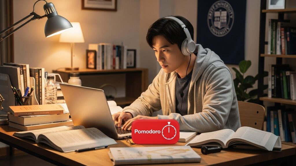 깔끔하고 밝은 공부 공간에는 20대 중반의 한국 대학생(남)이 노트북과 종이 교과서에 열중하고 있습니다. 헤드폰을 착용하고 있고, 책상 위에는 '포모도로 타이머'가 있어 집중력과 체계적인 학습을 강조하고 있습니다.