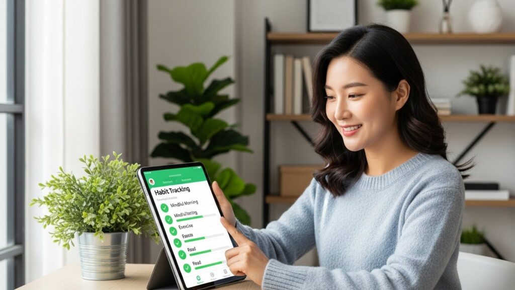 젊은 한국 직장인(여성, 30대 초반)이 태블릿으로 습관 관리 앱을 보며 자신감 넘치는 미소를 짓고 있다. 앱에는 꾸준한 진전이 표시되어 있다. 그녀는 식물과 자연광처럼 균형과 웰빙을 암시하는 요소들로 둘러싸인 현대적인 홈 오피스에 앉아 있다.
