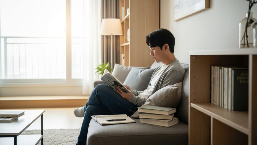 밝은 현대식 거실에 편안히 앉아 책을 읽는 한국인이 있습니다. 옆에는 노트와 펜이 놓여 있어 메모를 할 수 있습니다. 근처 선반에는 다른 책들이 여러 권 정돈되어 있습니다.