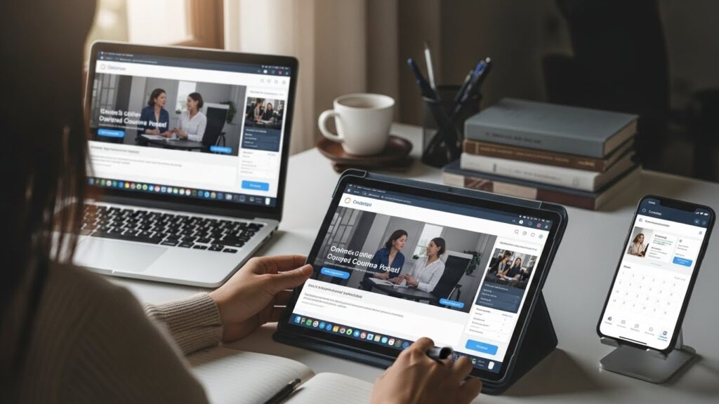 책상에 앉아 있는 한국인. 노트북, 태블릿, 스마트폰에 둘러싸여 교육용 콘텐츠나 생산성 앱을 모두 사용하고 있다. 태블릿에서 스타일러스 펜을 사용하여 학습을 위한 다양한 디지털 도구들을 자연스럽게 조합하여 보여주고 있다.