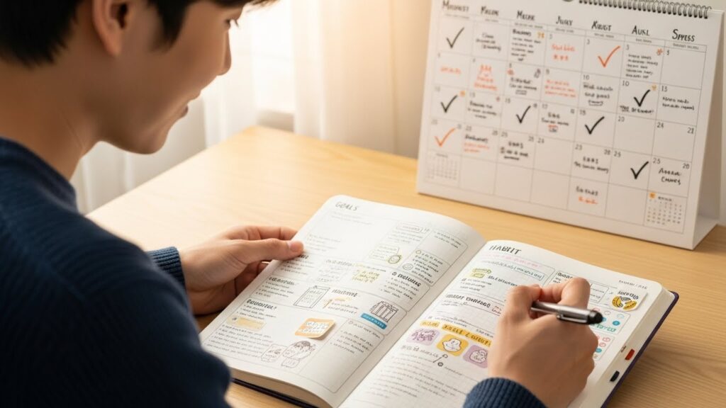 한국인이 성취감과 사려 깊은 성찰을 담아 아름답게 정리된 일기장이나 플래너를 살펴보고 있습니다. 배경에는 꾸준한 진전과 작은 성공들이 기록된 달력이 그려져 있으며, 이는 장기적인 헌신을 강조합니다.