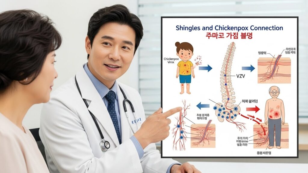 한 의사가 의료 차트를 보며 대상포진과 수두의 연관성에 대해 환자에게 이해하기 쉽게 설명하는 모습. 차트에는 수두 바이러스가 신경절에 잠복해 있다가 대상포진으로 재활성화되는 과정이 시각적으로 표현되어 있다. 한국인 의사와 환자.