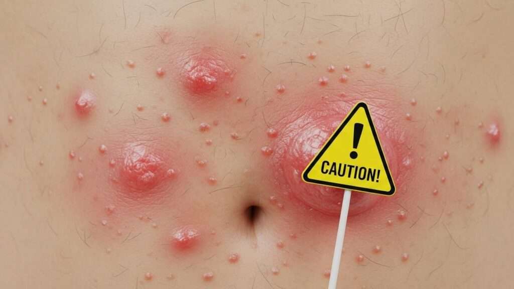 대상포진 발진 부위를 확대한 이미지와 함께 '주의!' 표지판이 있는 모습. 발진 부위는 물집이 잡혀 있고, 주변에는 바이러스가 확산될 수 있음을 시사하는 시각적 요소가 포함되어 있다. 한국인의 피부 톤.