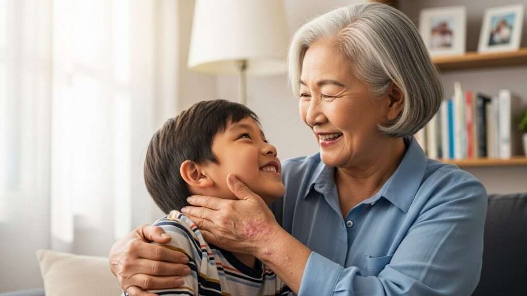 할머니가 손주를 안전하게 안아주며 행복하게 웃고 있는 모습. 할머니의 손목에는 대상포진 발진 부위를 가린 깨끗한 긴팔 옷이 보이고, 손주는 밝게 웃고 있다. 한국인 할머니와 손주.