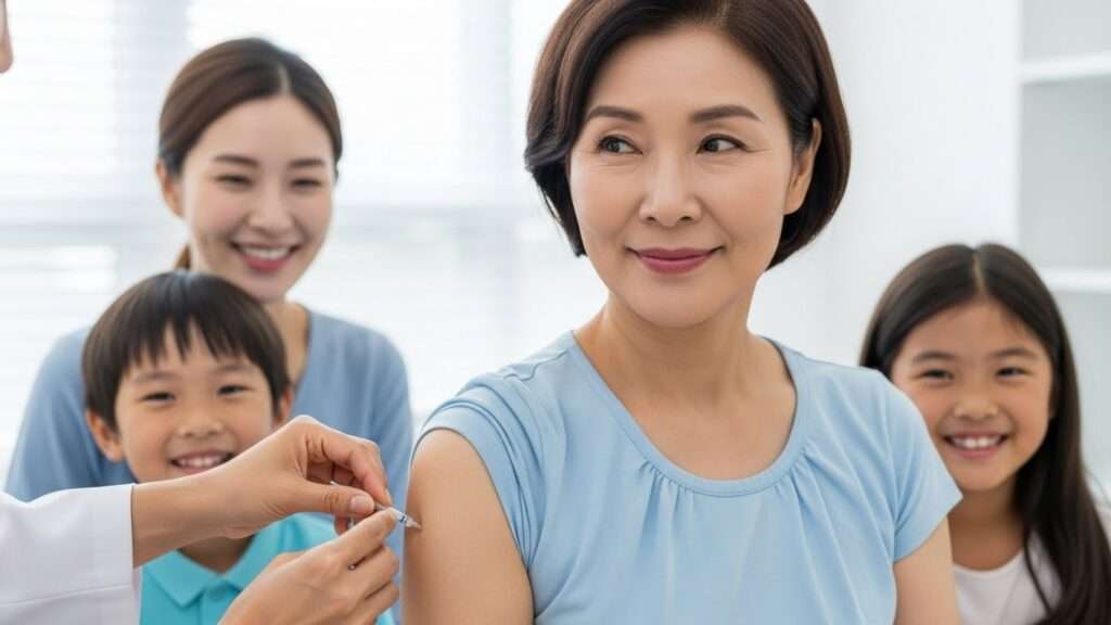 대상포진 예방 접종을 받는 50대 한국인 여성의 팔. 옆에는 이 여성의 가족으로 보이는 건강한 손주와 딸이 행복하게 미소 짓고 있다. 전체적으로 건강하고 활기찬 분위기.