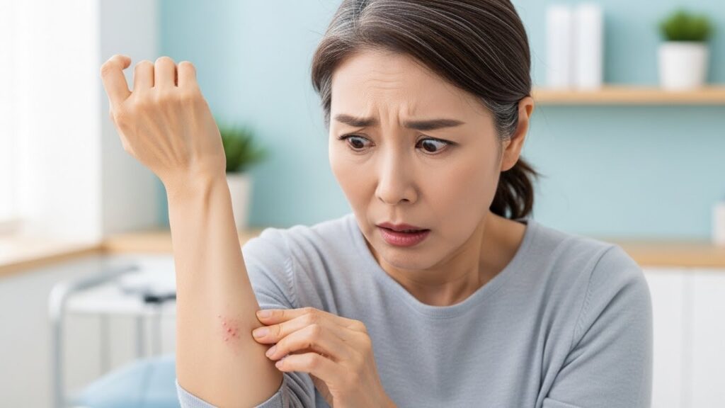 50대 한국 여성이 팔에 난 피부 발진을 걱정스럽게 바라보고 있다. 흐릿한 배경은 마치 병원 진료실을 연상시킨다. 그녀의 걱정스러운 표정과 미세한 발진에 초점이 맞춰져 있다.
