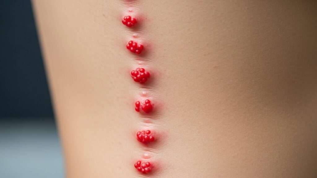 한국인 몸통에 작고 붉은 발진이 덩어리져 물집을 형성하는 모습을 자세히 확대한 사진입니다. 이 발진은 명확한 신경 경로를 따라 나타납니다. 주변 피부는 약간 붉어질 수 있지만, 그 양상은 뚜렷합니다. 초기 물집 형성에 초점을 맞추세요.