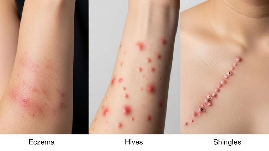 세 부분으로 나뉜 비교 이미지. 왼쪽: 팔에 나타난 얼룩덜룩하고 붉고 가렵고 약간 비늘 같은 습진. 가운데: 팔의 다른 부위에 나타난 붉고 일시적인 두드러기. 오른쪽: 한국인 가슴 한쪽에 작고 뭉쳐 있는 물집들이 뚜렷하게 늘어서 있으며, 이는 초기 대상포진을 나타냅니다. 라벨에는 각 질환이 명확하게 표시되어 있습니다.