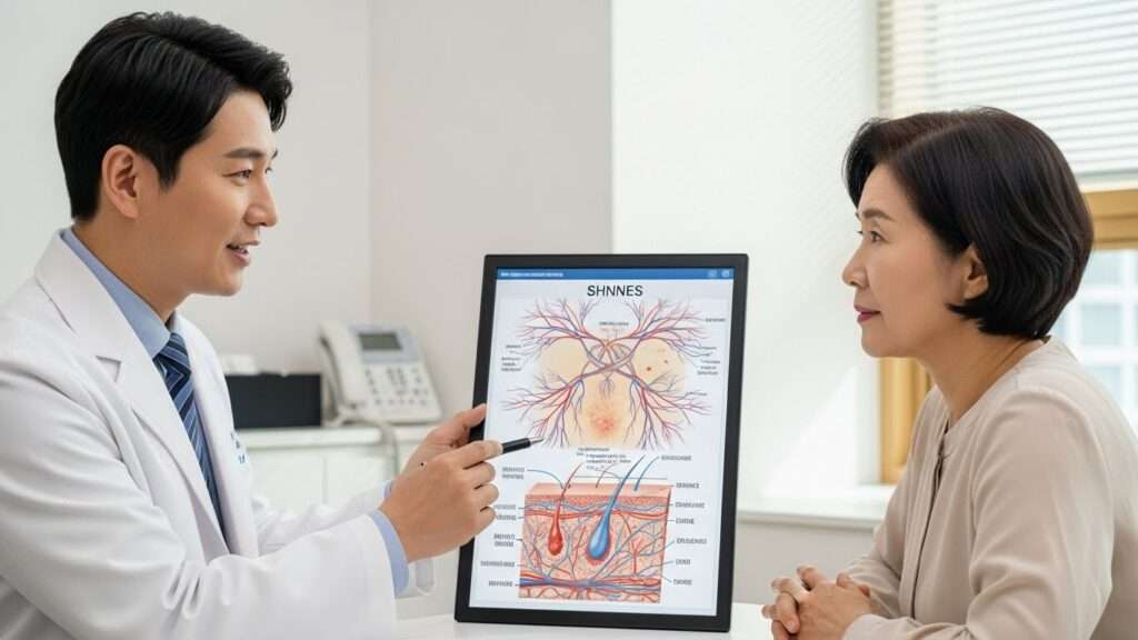 흰 가운을 입은 한국인 의사가 한국인 환자에게 진료 차트를 설명하고 있다. 환자는 환자의 말을 주의 깊게 듣고 있다. 의사가 차트에서 신경 경로와 피부를 보여주는 부분을 가리키며, 이는 대상포진이나 관련 피부 질환에 대한 진찰을 상징한다.