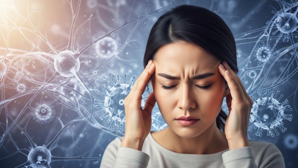 한 한국인 여성이 지친 표정으로 관자놀이를 누르고 있고, 그녀의 등 뒤로 흐릿하게 신경 세포와 바이러스 입자가 시각화되어 있는 모습. 면역력 저하와 대상포진의 연관성을 암시한다.