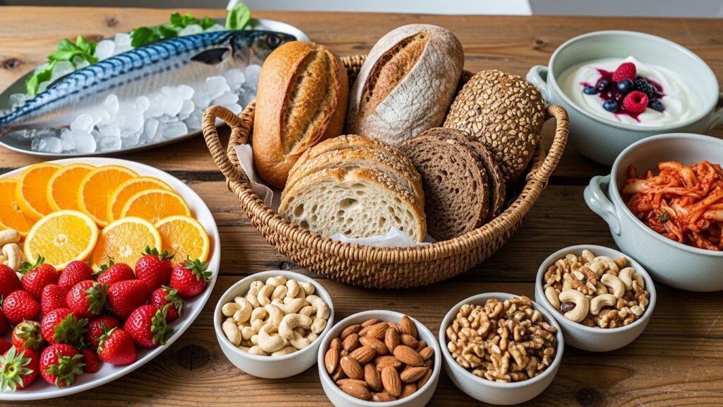 테이블 위에 비타민 C가 풍부한 과일(오렌지, 딸기), 비타민 B군이 많은 통곡물 빵, 아연이 풍부한 견과류, 오메가-3가 들어간 등푸른생선, 그리고 발효식품(요거트, 김치)이 보기 좋게 놓여 있는 모습. 건강하고 신선한 식재료들이 조화롭게 어우러져 있다.