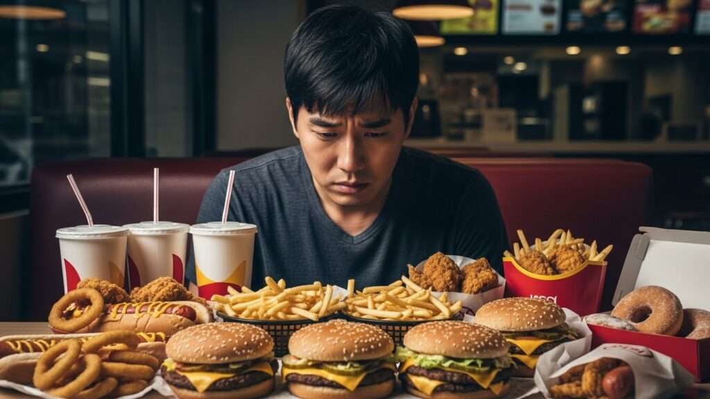 한 한국인 남성이 테이블에 놓인 패스트푸드(햄버거, 감자튀김), 설탕이 듬뿍 들어간 음료, 튀긴 음식 등을 보며 아쉬워하는 표정을 짓고 있다. 건강에 해로운 음식들이 부정적인 이미지로 강조되어 있다.