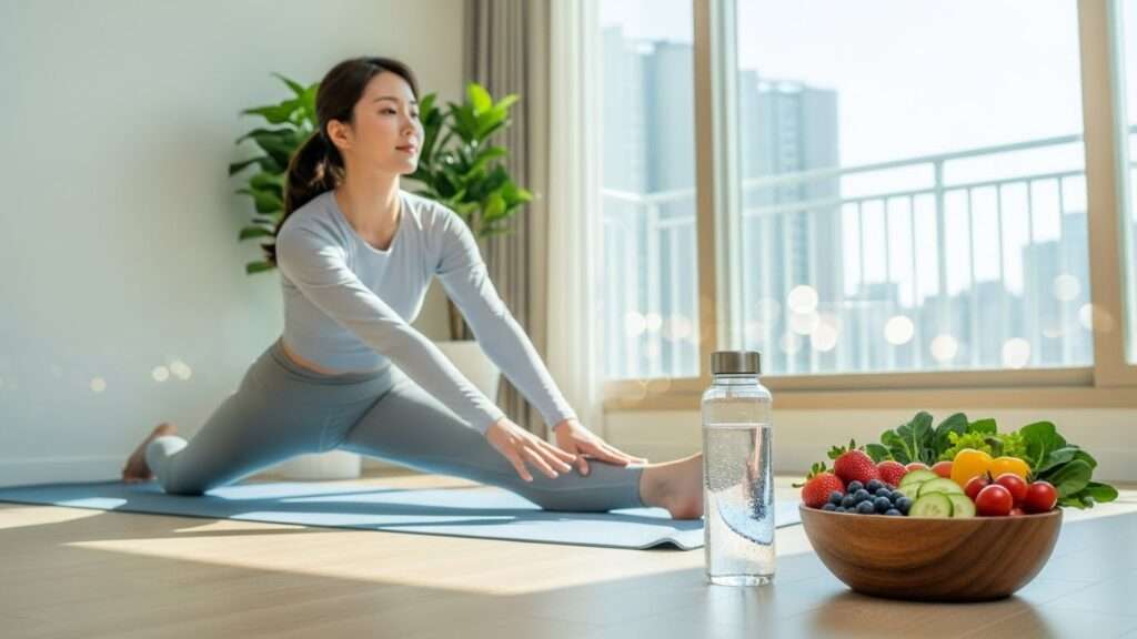 한 한국인 여성이 요가 매트 위에서 스트레칭을 하고 있고, 그 옆에는 물병과 신선한 과일, 채소가 담긴 볼이 놓여 있다. 전체적으로 건강하고 활기찬 분위기이며, 균형 잡힌 식단과 운동이 조화를 이룬다.