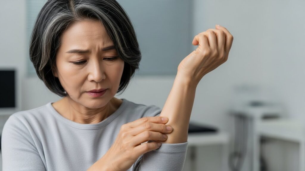 50대 후반이나 60대 초반의 성숙한 한국 여성이 팔을 부드럽게 만지며 걱정스러운 표정을 짓고 있습니다. 흐릿한 병원 배경이 보입니다. 이 이미지는 대상포진의 심각성과 예방의 필요성을 잘 보여줍니다.