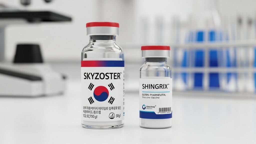 두 개의 백신 병이 나란히 놓여 있습니다. 하나는 한국적인 요소가 가미된 '스카이조스터', 다른 하나는 국제적인 브랜드가 새겨진 '싱그릭스'입니다. 과학적 비교를 암시하는 미묘한 배경이 눈에 띕니다. 이미지를 통해 두 제품을 명확하게 구분할 수 있어야 합니다.