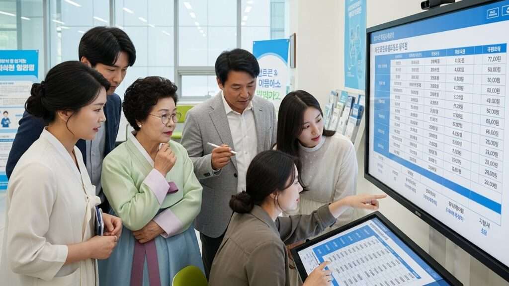 노년층과 중년층을 포함한 다양한 한국인들이 의료 예방 접종 가격 비교표가 표시된 디지털 화면을 보고 있습니다. 밝고 깨끗한 분위기의 이 곳은 아마도 지역 보건소처럼 접근성과 재정적 고려 사항을 강조하는 듯합니다.