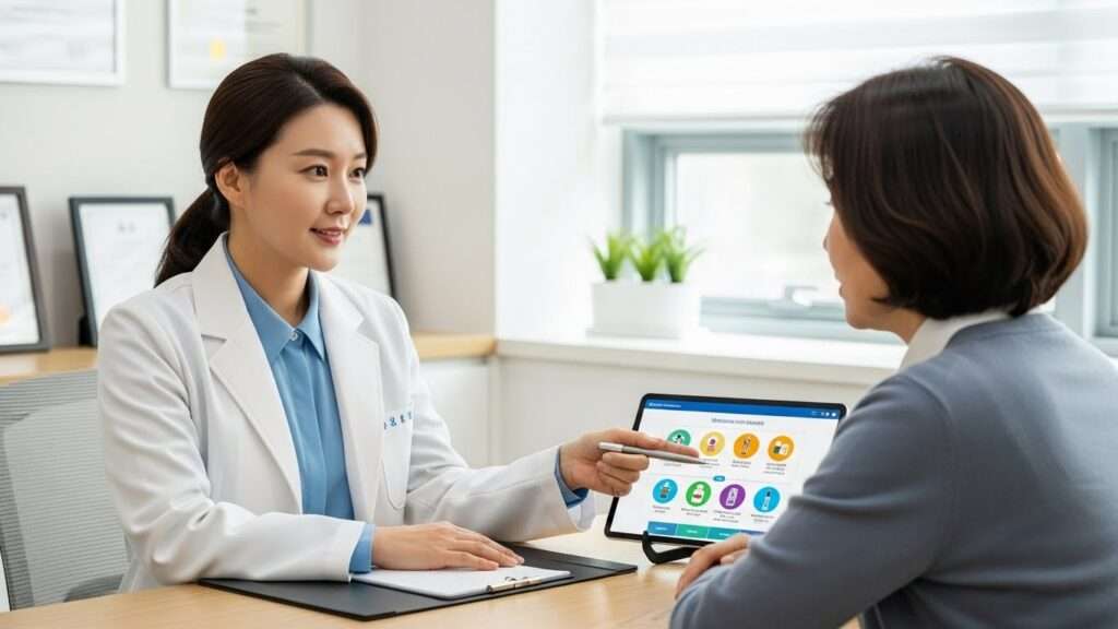 흰 가운을 입은 박식한 한국인 의사가 중년 한국인 환자와 예방 접종 선택지에 대해 차분하게 이야기하며 정보 태블릿을 가리키고 있습니다. 의사는 공감하는 태도로 환자를 살피고, 환자는 주의 깊게 경청하며 정보에 기반한 결정을 내리는 듯합니다.