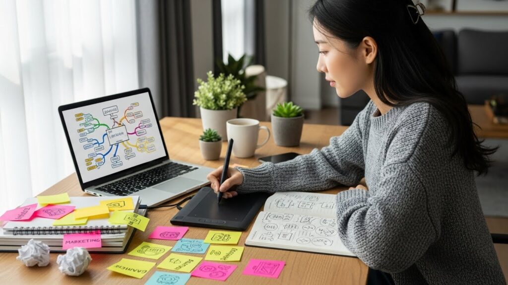 한 한국인 여성이 노트북 앞에 앉아 마인드맵을 그리며 사이드 프로젝트 아이디어를 구체화하고 있다. 주변에는 포스트잇과 다양한 아이디어 스케치가 흩어져 있다.