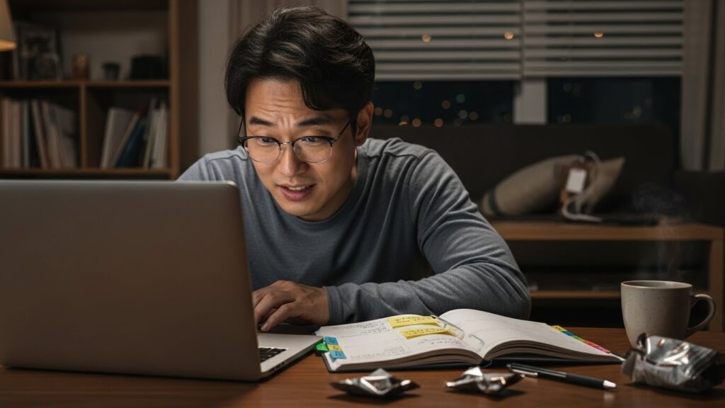 한 한국인 직장인이 밤늦게 거실에서 노트북을 켜고 사이드 프로젝트 작업을 하는 모습. 주변에는 스케줄러와 커피잔이 놓여 있고, 피곤하지만 열정적인 표정을 짓고 있다.