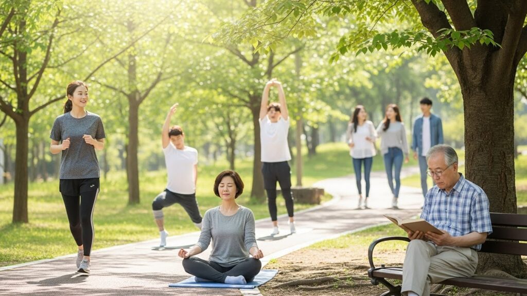 다양한 한국인들이 스트레스 해소를 위해 다양한 활동을 하고 있습니다. 공원에서 조깅을 하거나, 차분하게 책을 읽거나, 눈을 감고 명상을 하거나, 가벼운 요가 스트레칭을 하거나, 유쾌한 대화를 나누는 모습이 인상적입니다. 전반적으로 평화롭고 활기찬 분위기입니다.