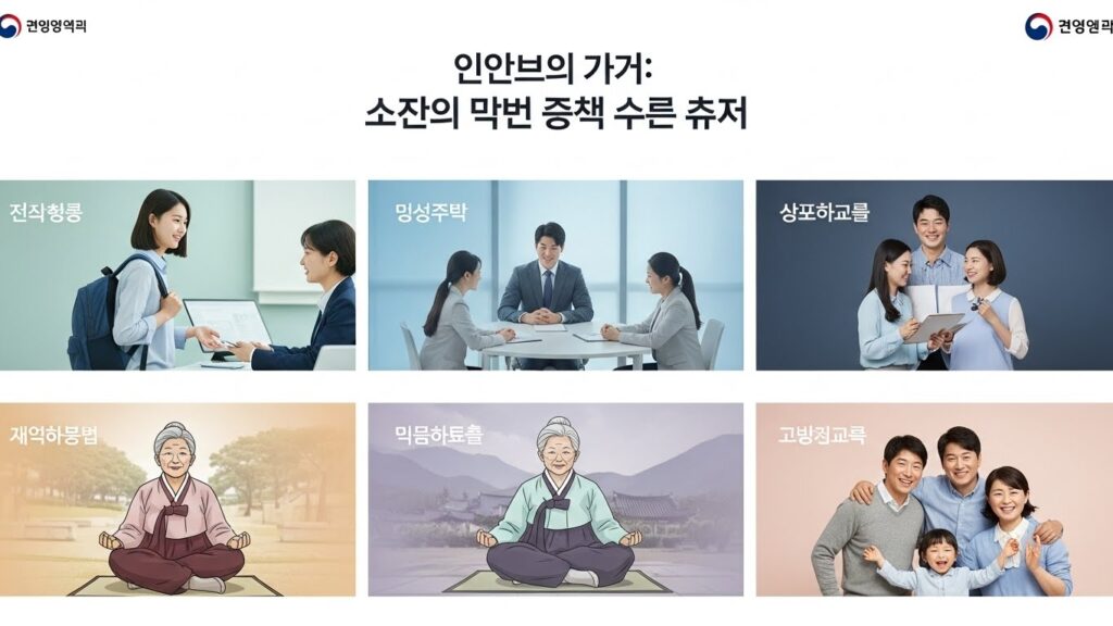 다양한 정신 건강 지원 서비스를 소개하는 공식적인 한국 정부 웹사이트나 브로셔. 다양한 한국 국민(예: 학생, 직장인, 노인)이 이러한 서비스를 통해 행복하고 차분한 모습으로 혜택을 받고 있는 모습이 묘사되어 있습니다.