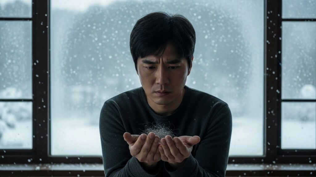 눈 덮인 창문을 배경으로, 춥고 건조한 겨울 환경을 강조하며 손에 머리카락이 빠지는 것을 걱정하는 한국인의 모습. 그의 얼굴에는 약간의 고통이 묻어난다.
