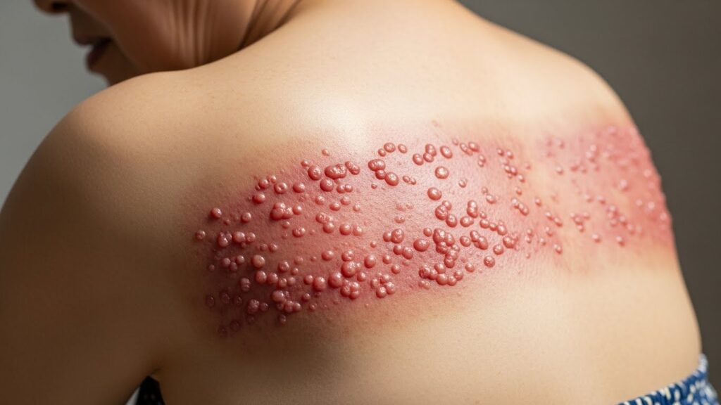 노인의 등이나 몸통을 확대하여 촬영한 사진입니다. 대상포진의 특징인 작고 체액으로 가득 찬 물집(소포)이 있는 붉고 염증이 있는 피부 띠가 뚜렷하게 보입니다. 환자는 약간 아프거나 불편해 보입니다. 조명은 부드럽지만 발진이 강조되어 보입니다.