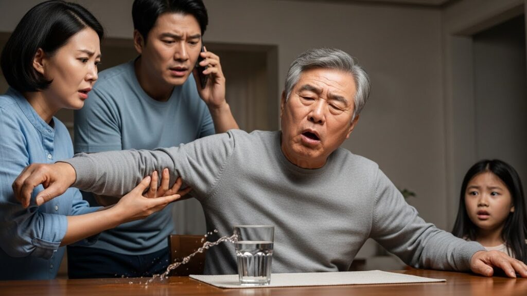 60대 후반으로 추정되는 한 한국인 노인이 갑자기 말을 더듬고 얼굴 한쪽이 축 늘어진 채 팔이 힘없이 축 늘어진 긴장감 넘치는 실내 장면. 걱정스러운 그의 한국인 가족들은 그를 돕기 위해 달려가며 뇌졸중의 위급함을 보여줍니다.