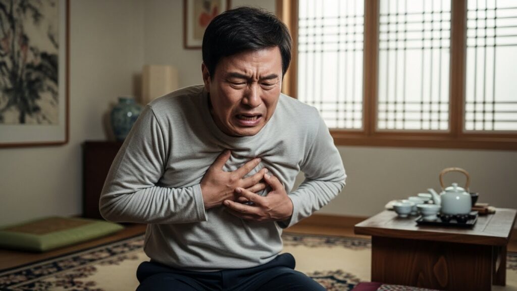 50~60대쯤 된 한국 노인 남녀가 갑자기 가슴을 움켜쥐고 극심한 고통과 괴로움을 표하는 표정을 짓고 있습니다. 얼굴은 약간 창백해 보이고, 짧고 가쁜 숨을 쉬고 있어 심장마비가 갑작스럽고 심각함을 더욱 강조합니다. 배경은 전형적인 한국 가정입니다.