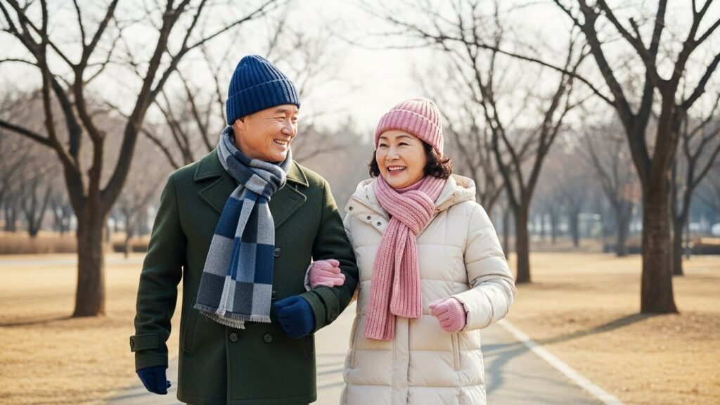 50대 후반의 활기차고 건강한 노년 한국인 부부가 포근한 겨울 공원에서 즐거운 산책을 즐기고 있습니다. 세련된 겨울 코트와 스카프, 모자를 두른 두 사람은 따뜻하고 건강한 모습으로 활력을 발산합니다. 배경에는 앙상한 나무들과 맑고 밝은 겨울 하늘이 펼쳐져 있습니다.